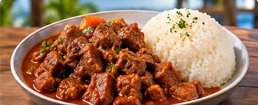 Beef stew served with rice