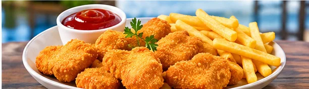 Chicken nuggets with chips and a dipping sauce