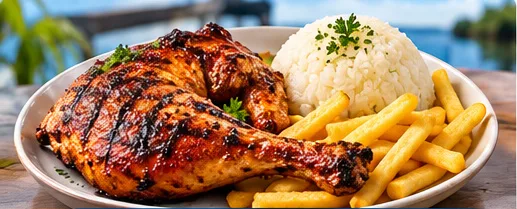 Grilled quarter chicken with sadza and chips