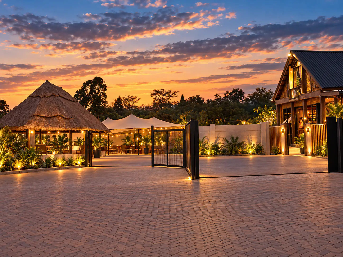 The entrance courtyard lit up at dusk