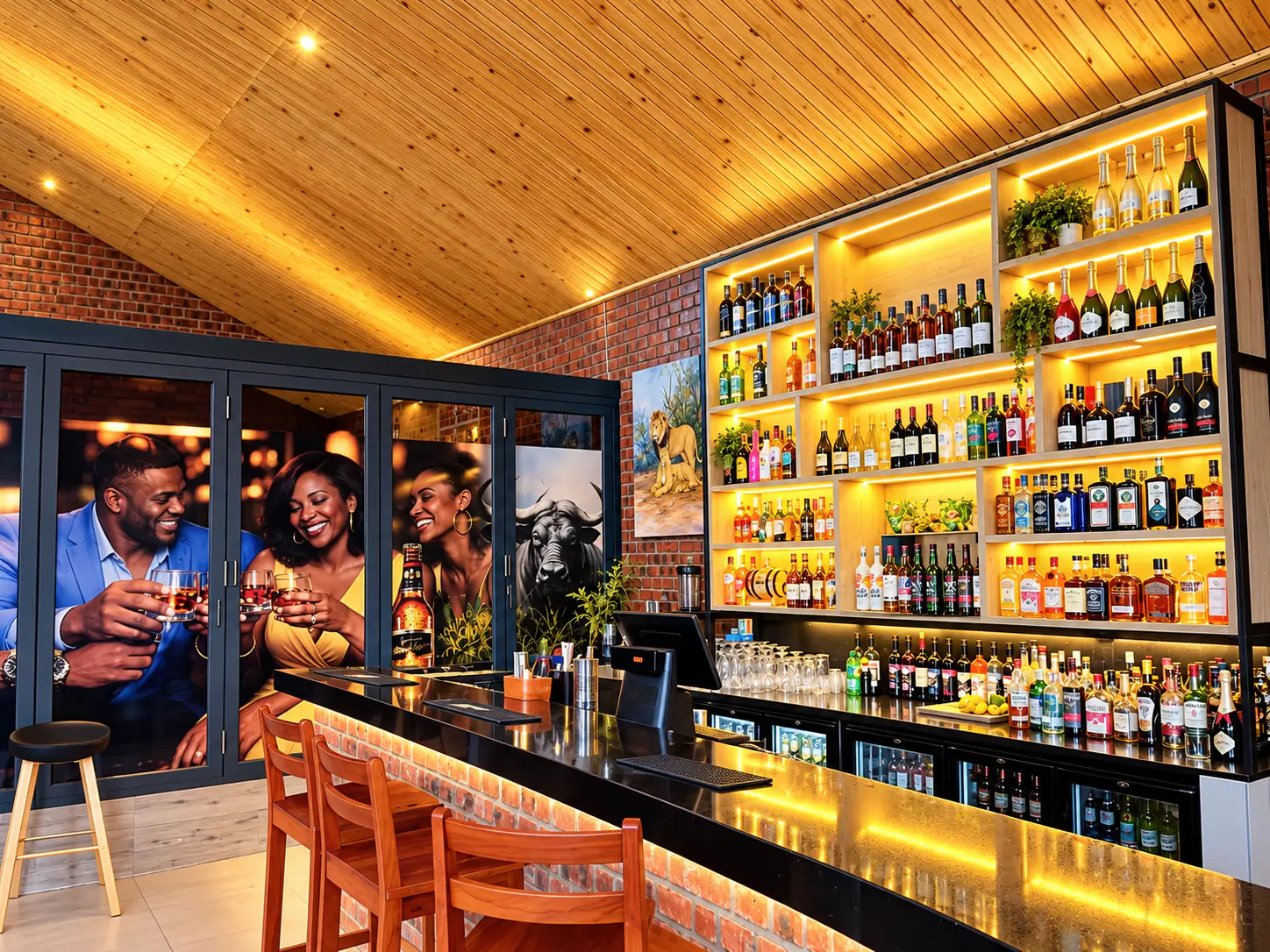 The bar with backlit shelves, brick walls and a timber ceiling