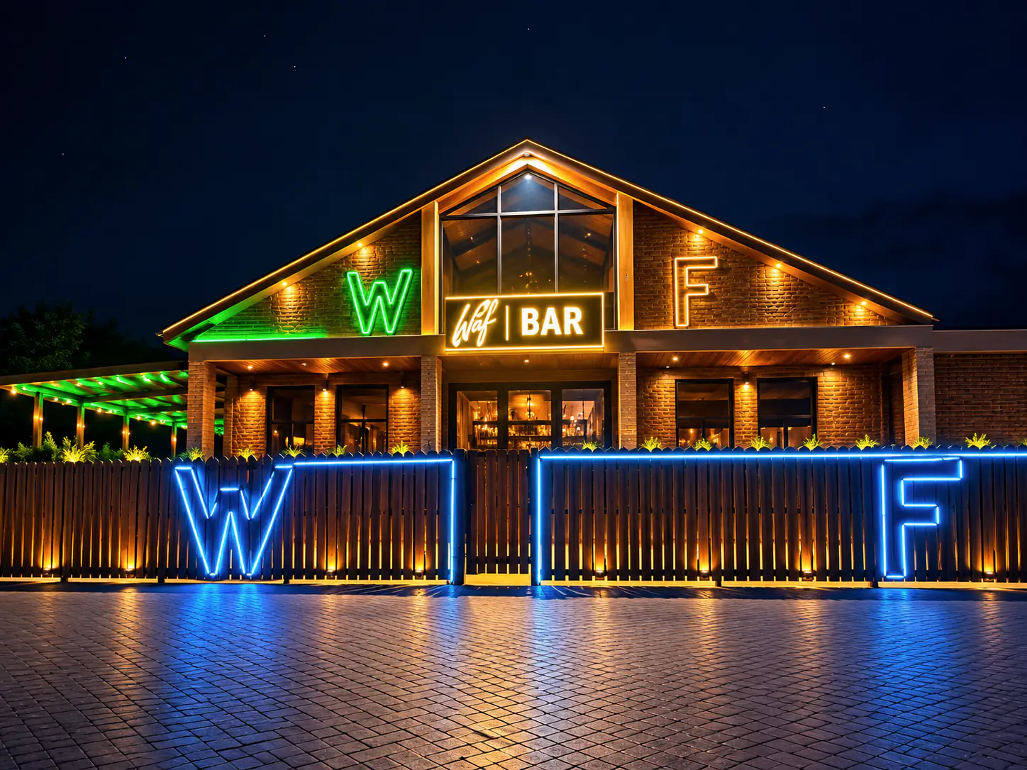 The Waterfront bar glowing with neon signage at night