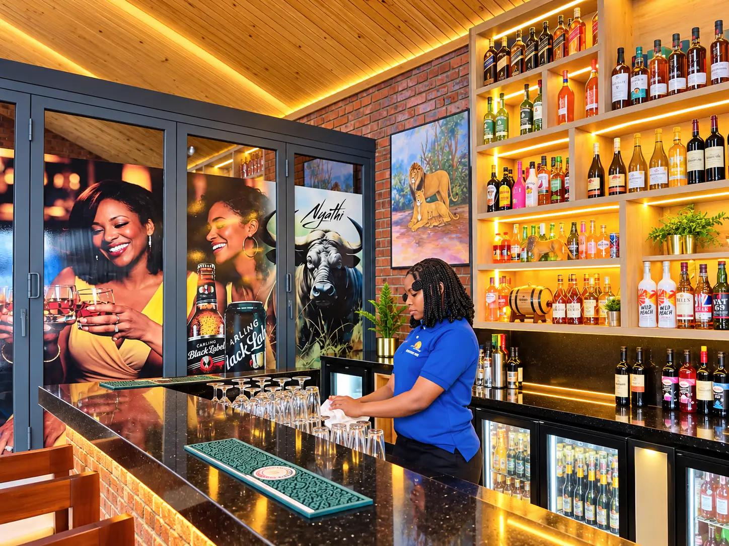 A bartender at work behind the illuminated bar