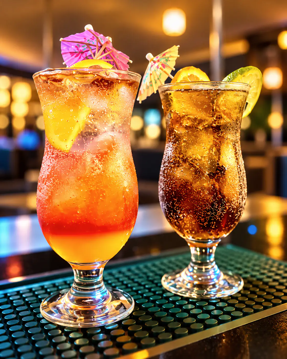 Two colourful cocktails with garnishes on the bar
