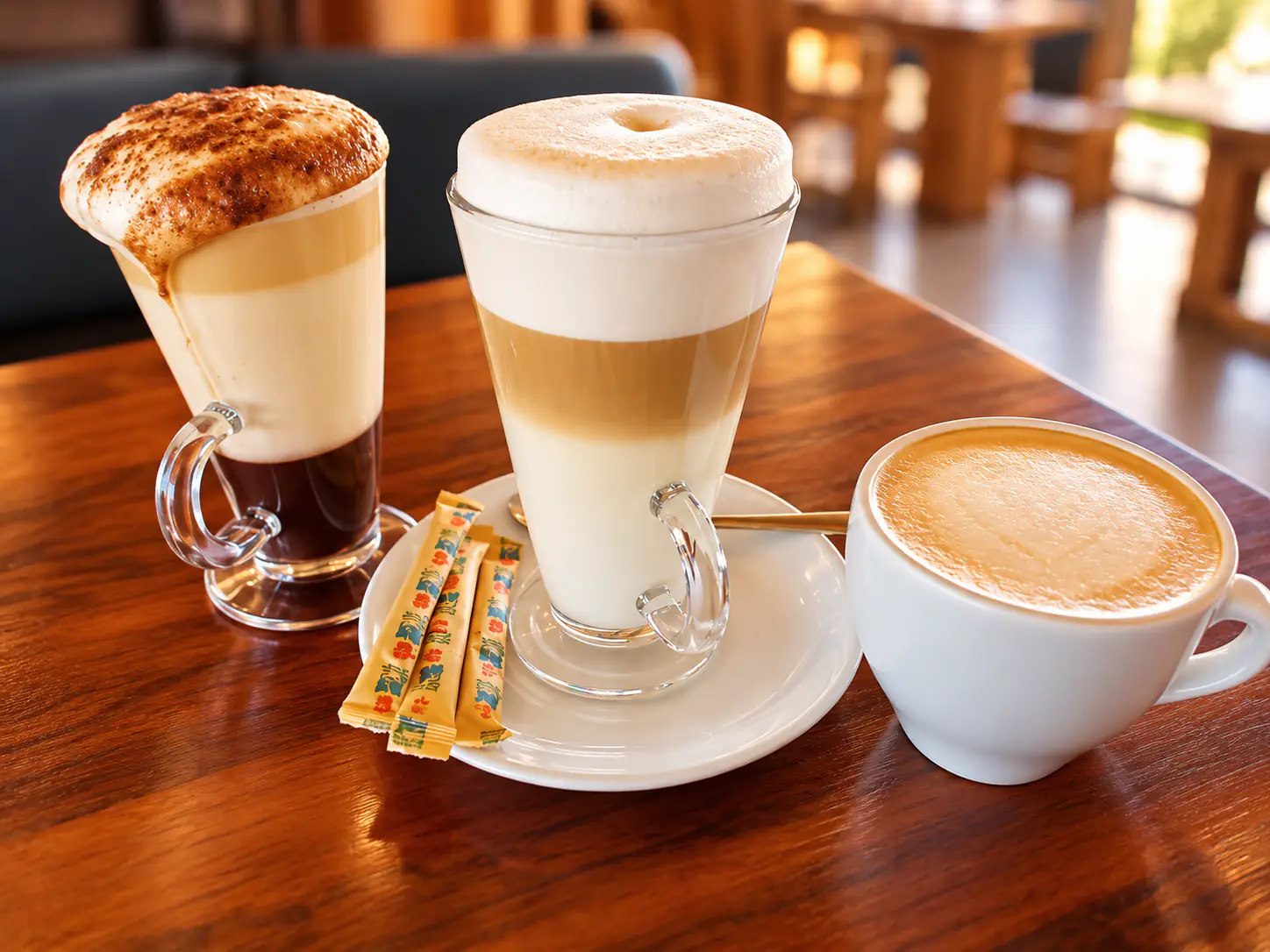 Three coffees served on a wooden table