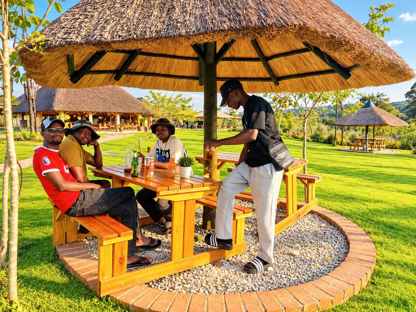 Friends sharing drinks at a picnic table under a thatched shelter