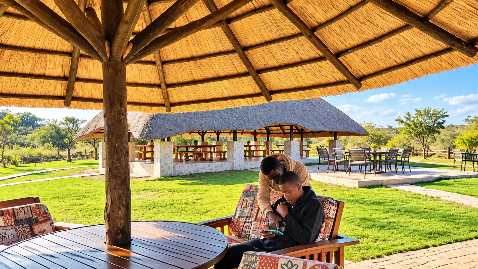 Guests relaxing at a table beneath a thatched umbrella on the lawn
