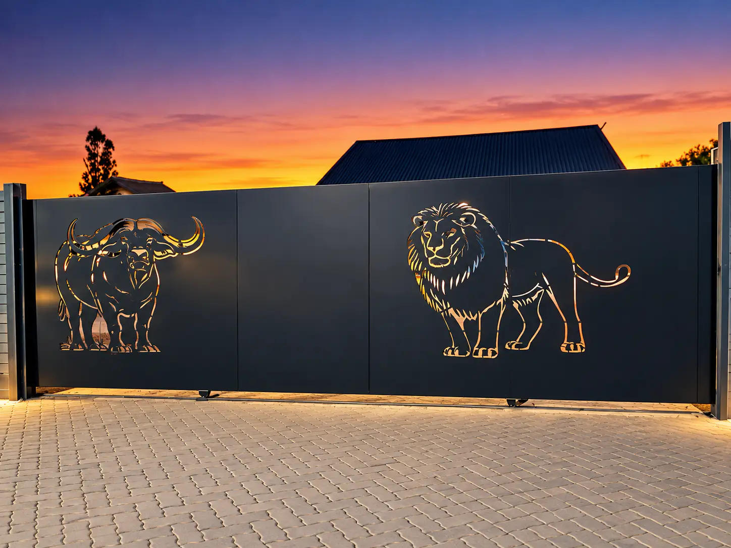 The entrance gate with lion and buffalo cut-outs against a sunset sky