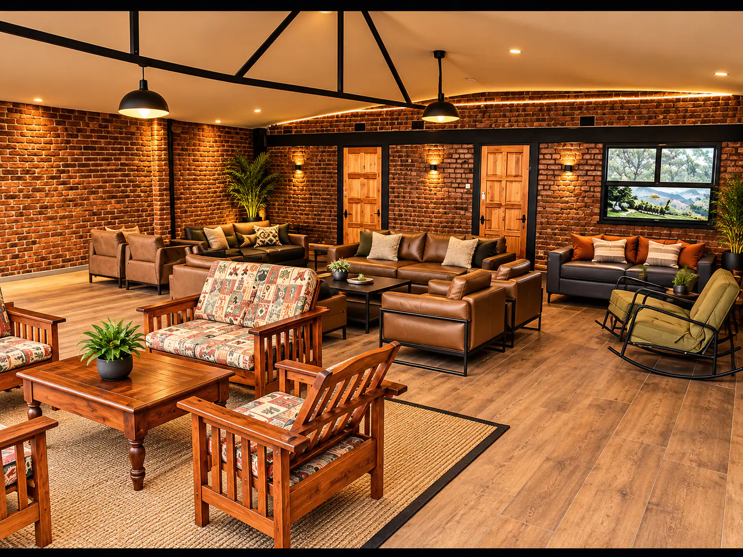 A wood-panelled lounge with armchairs and leather sofas