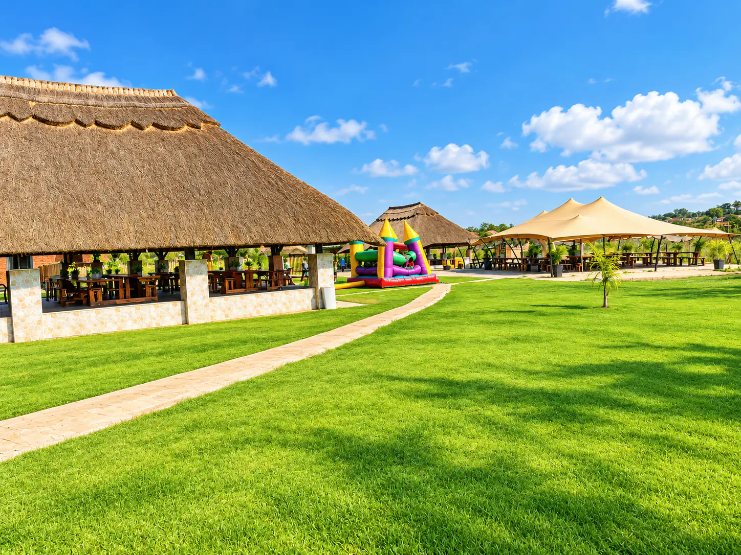 Wide green lawns beside the large thatched gathering space