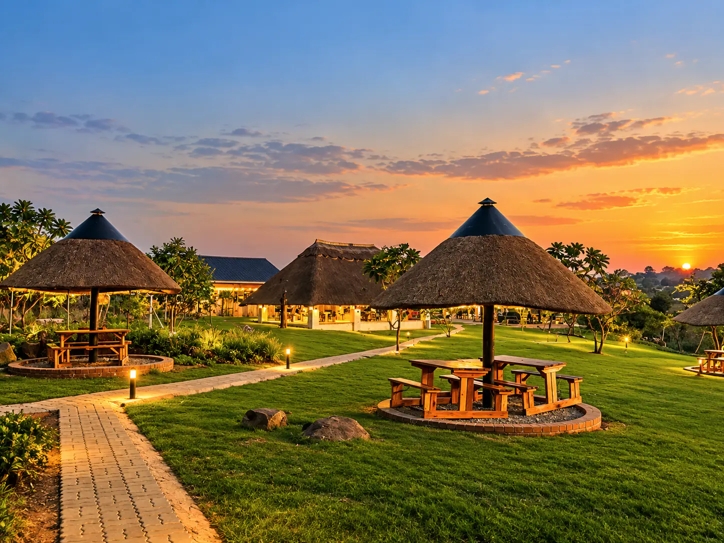 Thatched shelters and lit pathways across the lawns at dusk