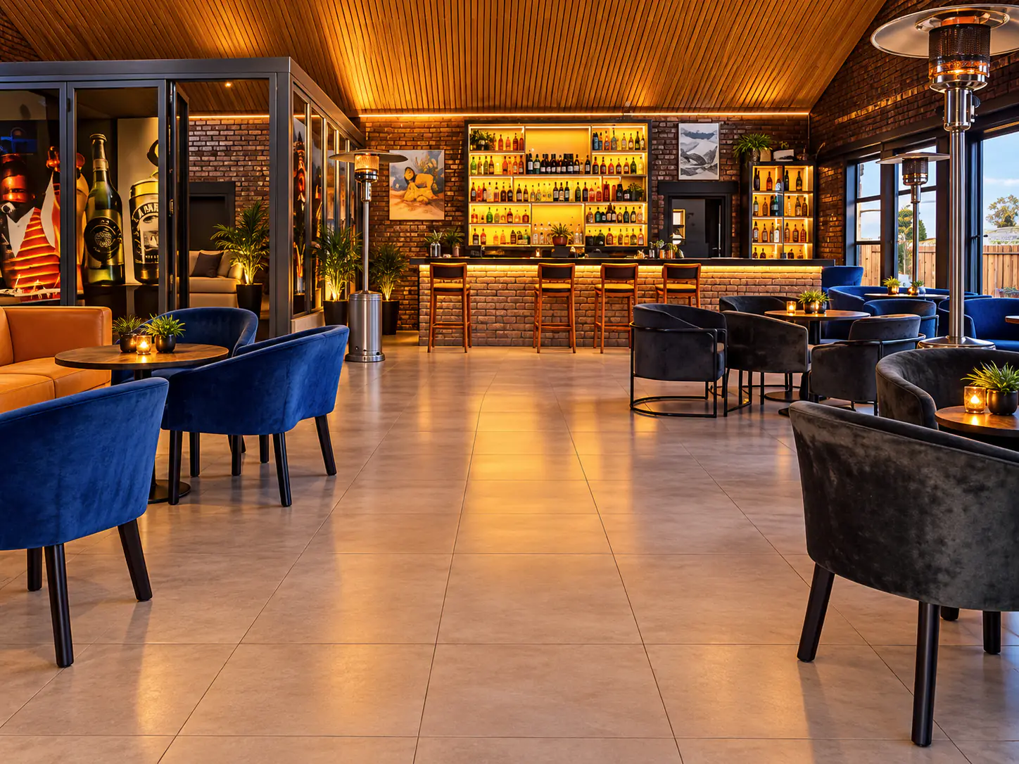 The indoor lounge with velvet chairs and the bar beyond