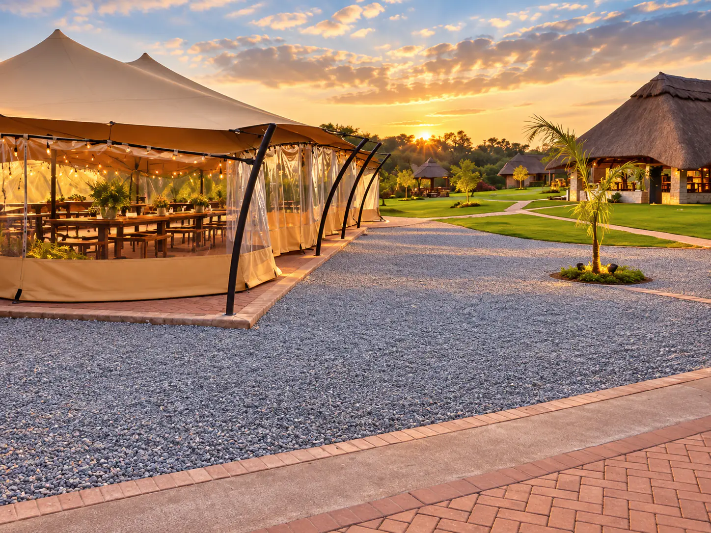 A marquee with long tables set out on the grounds