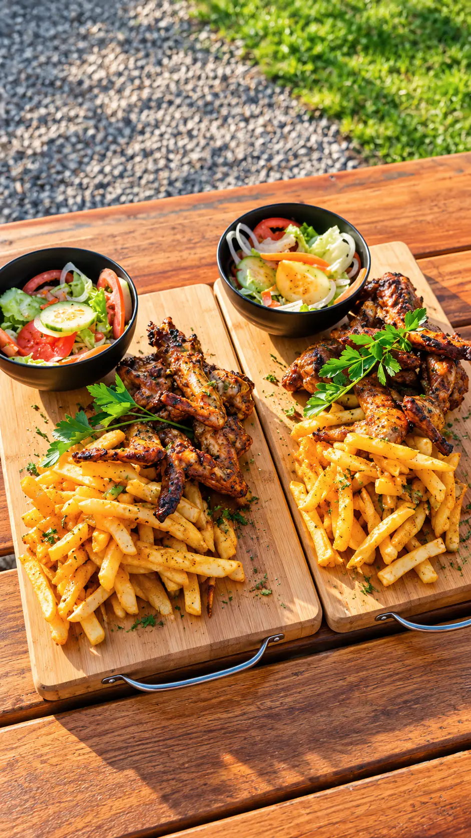 Grilled chicken and chips on timber boards with side salads