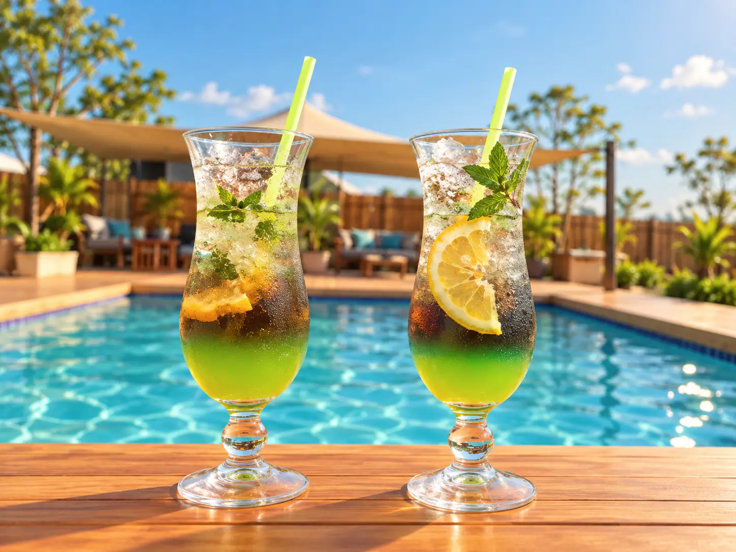 Two iced drinks with lemon and mint beside the pool