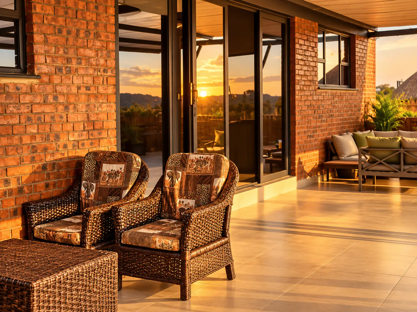 Woven armchairs on the patio in warm evening light