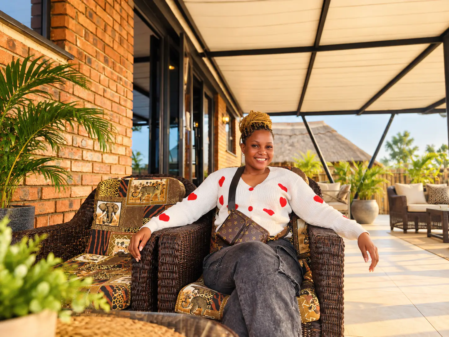 A guest relaxing in a woven armchair on the patio