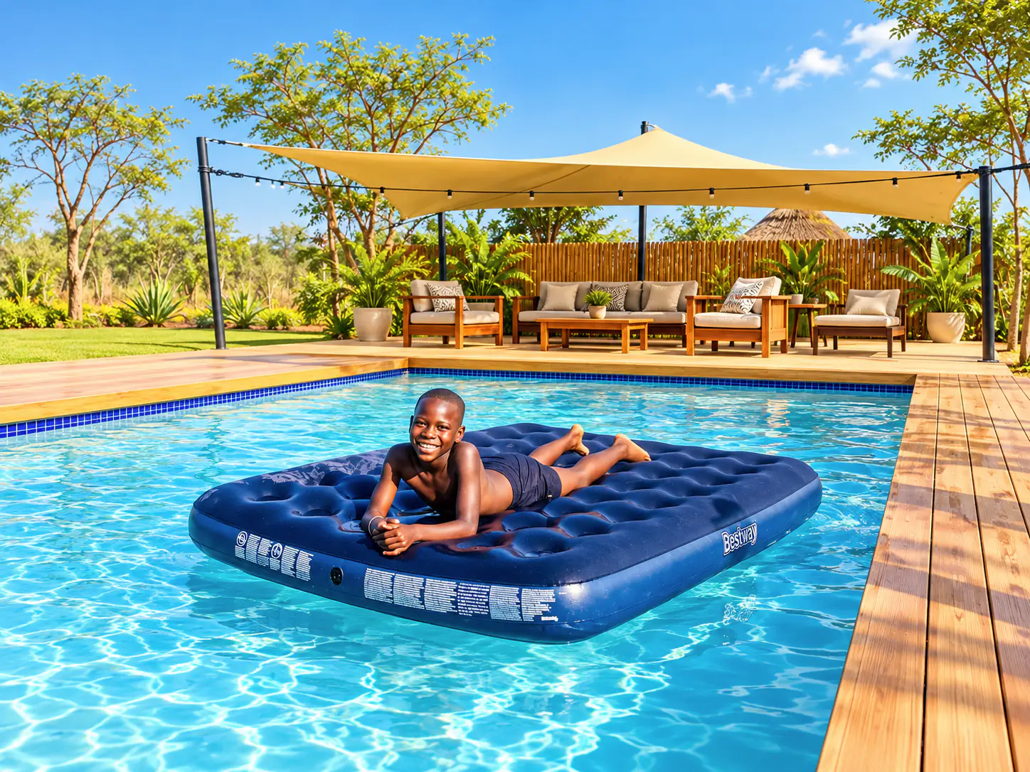 A young guest floating on an air mattress in the pool