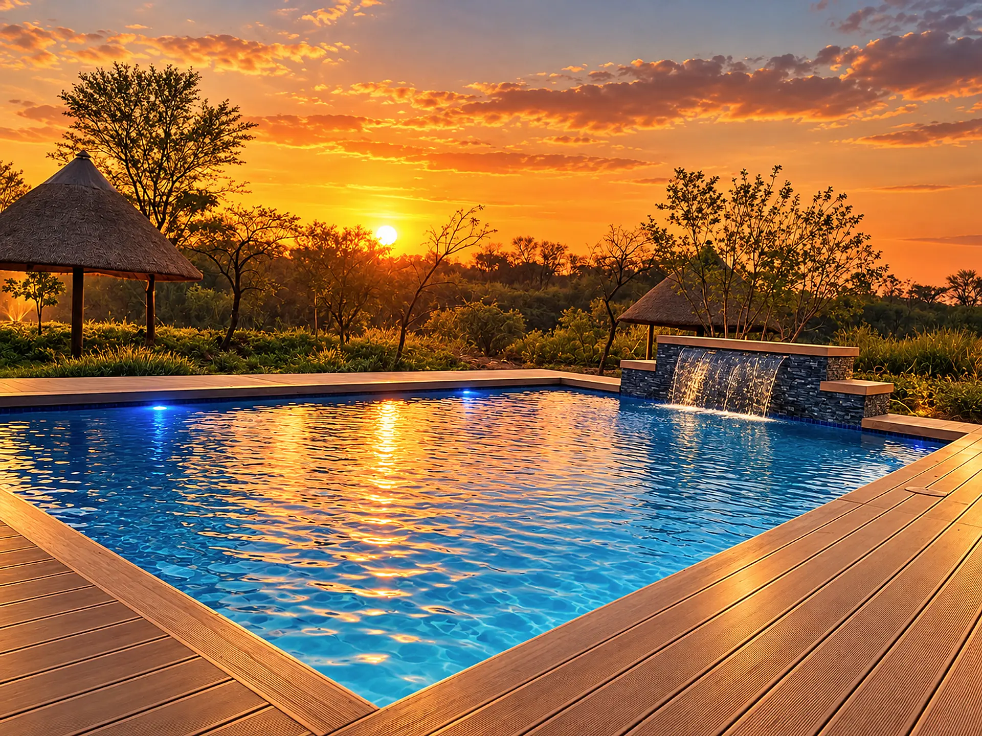 The pool and its waterfall glowing at sunset beside a thatched gazebo