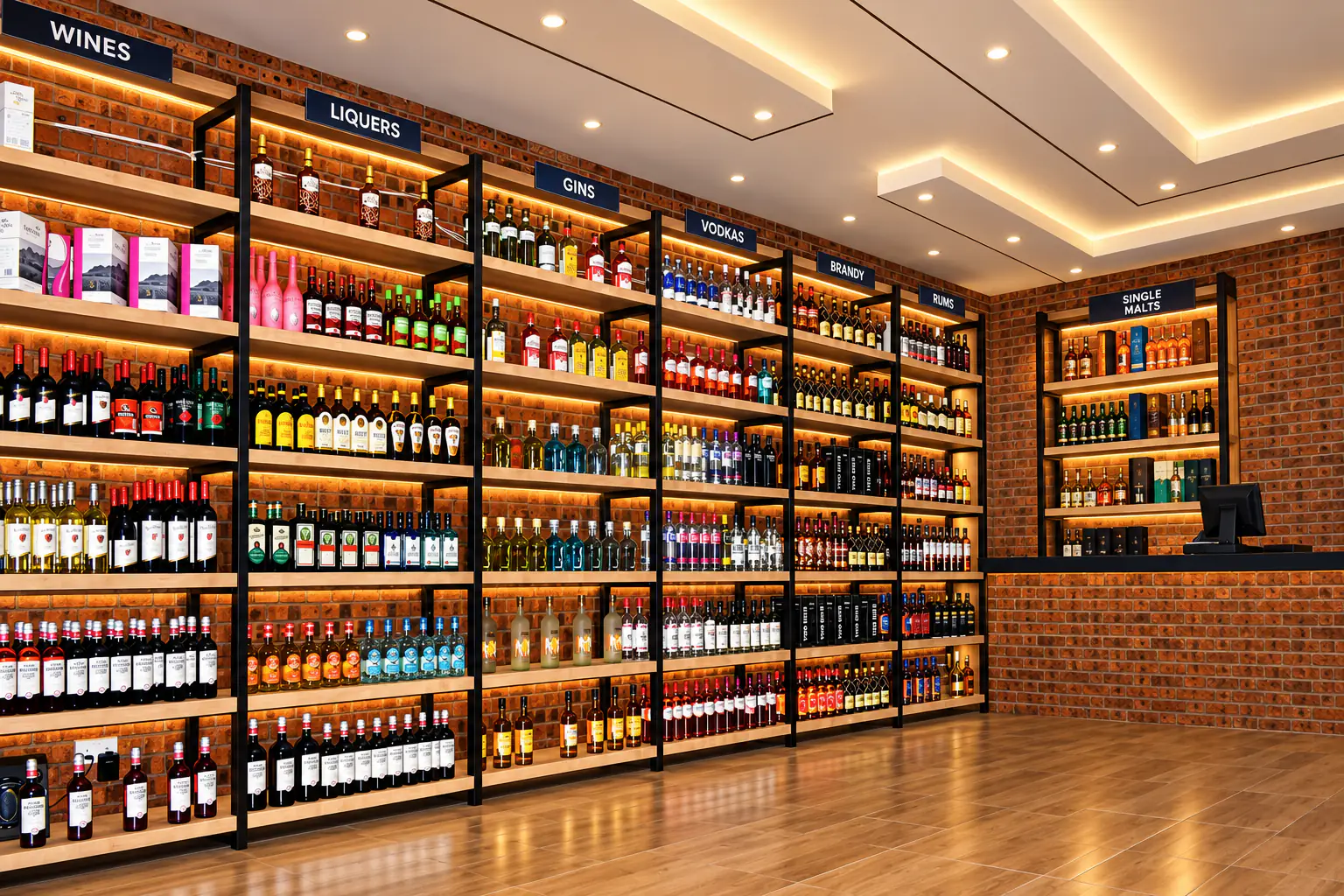 Wines and spirits on warmly lit shelves