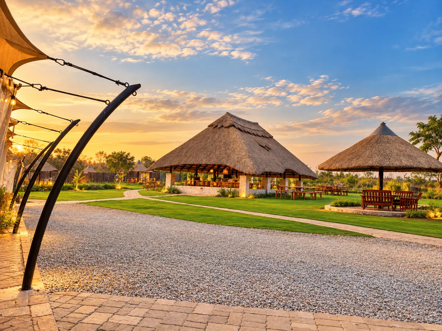 A gravel walkway leading to thatched shelters at golden hour