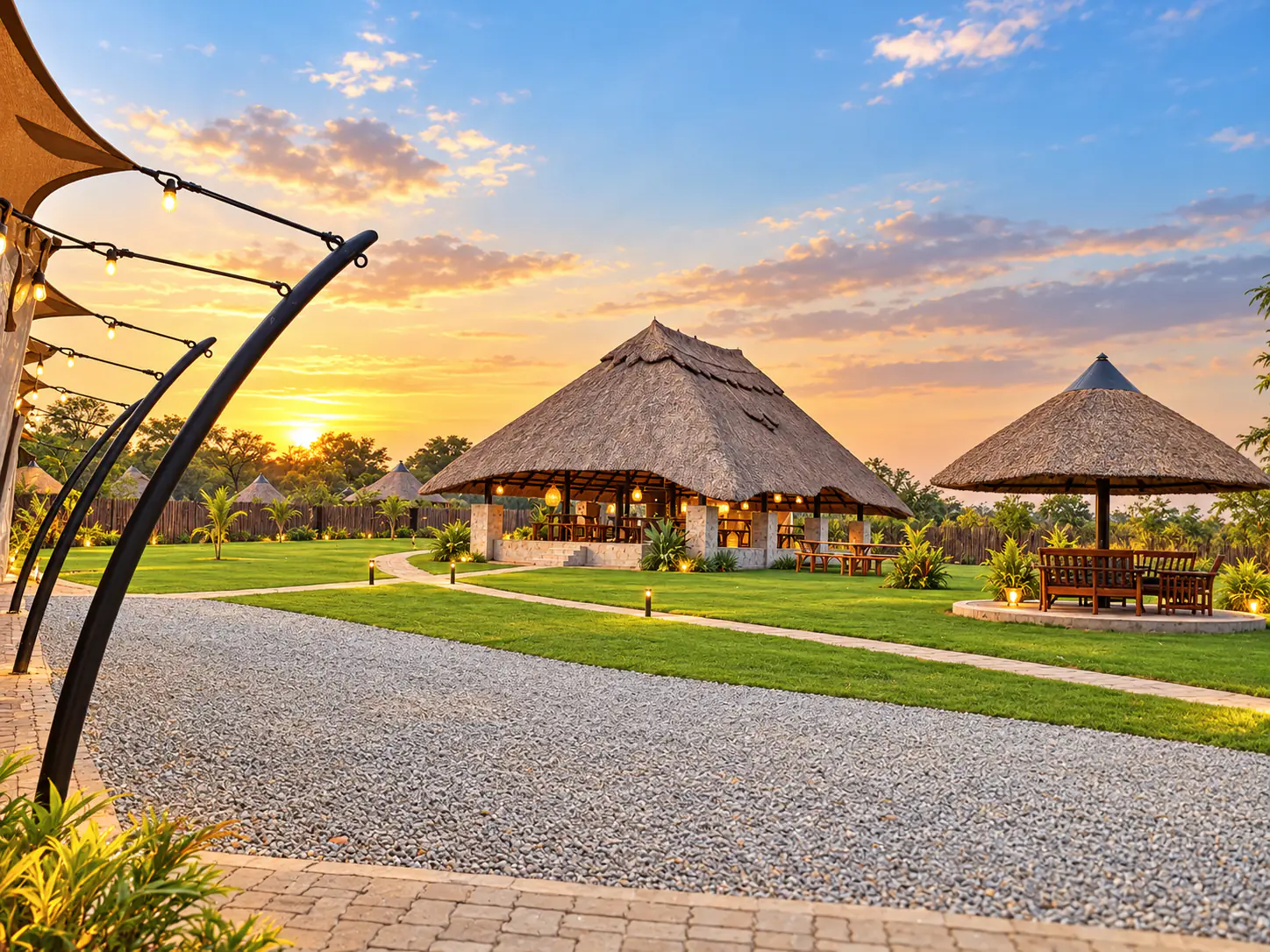 The thatched gathering space and a gazebo at sunset