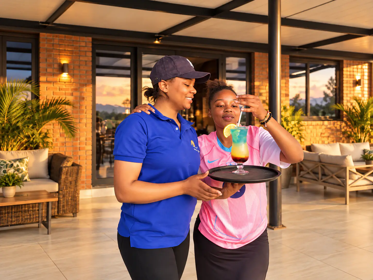 A member of staff serving a colourful drink to a smiling guest